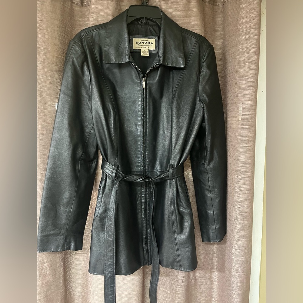 Vintage Sonoma Women's Black Leather Belted Jacket